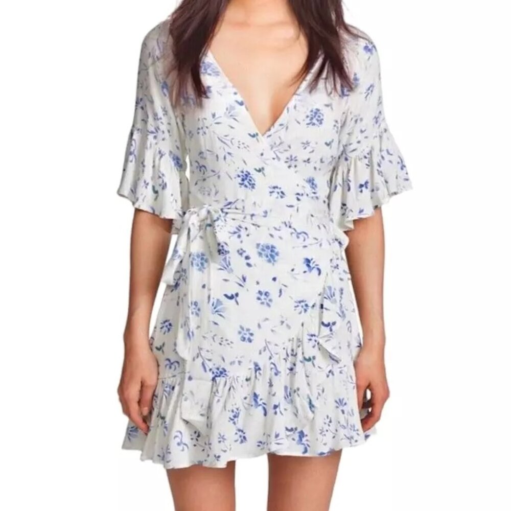 Winston White Amalfi Blue Gauze Floral Wrap V-Neck Dress Ruffle Sleeve Size M